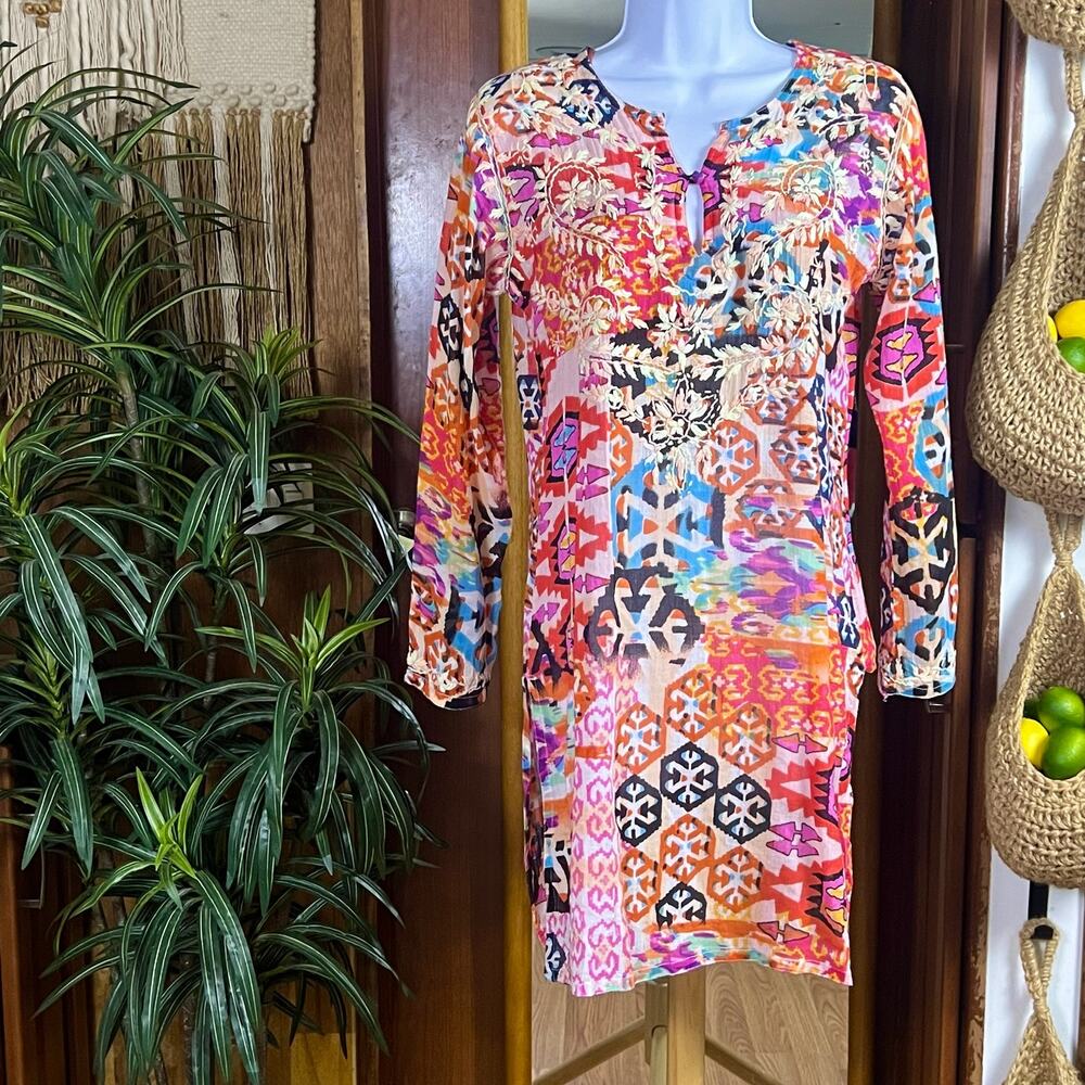 Raj Tunic Dress Embroidered Sheer Cotton M Pink Multi Boho Keyhole Geometric